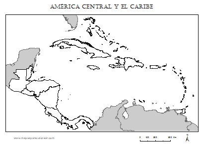 Mapa en blanco de América Central y Caribe para completar con nombres de los países y colorear.