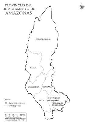 Mapa de provincias del departamento de Amazonas para colorear.