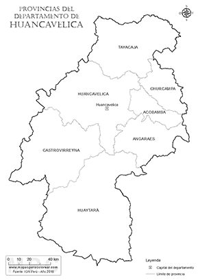 Mapa de provincias del departamento de Huancavelica para colorear.