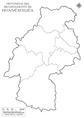 Mapa de provincias del departamento de Huancavelica sin nombres - para completar y colorear.