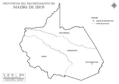 Mapa de provincias del departamento de Madre de Dios para colorear.