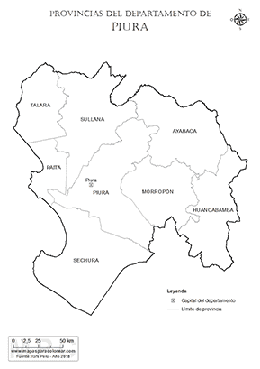Mapa de provincias del departamento de Piura para colorear.