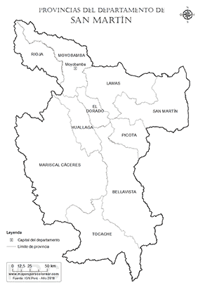 Mapa de provincias del departamento de San Martín para colorear.